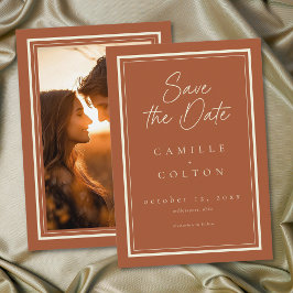 Rust Terracotta Minimalist Frame Wedding Photo Spara Datumet