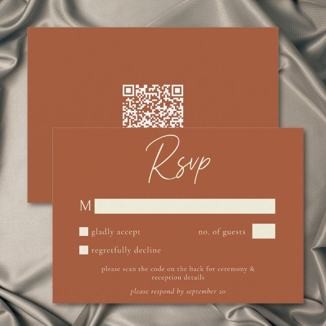 Rust Terracotta Minimalist Höstbröllop QR-kod OSA Kort (Rust Terracotta Minimalist Fall Wedding QR Code RSVP Card)