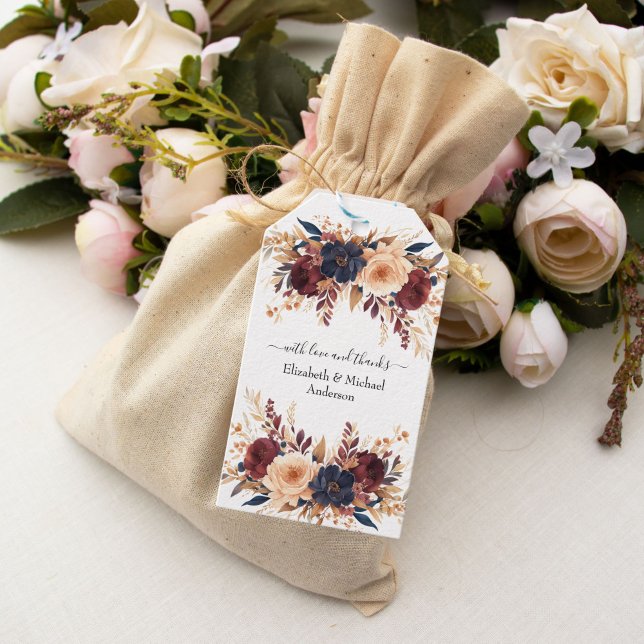 Rust Terracotta Navy Cream Blommigt Bröllop Presentetikett (Rust Terracotta Navy Blue Cream Floral Wedding Gift Tag)