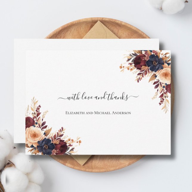 Rust Terracotta Navy Cream Blommigt Bröllop Tack Kort (Rust Terracotta Navy Blue Cream Watercolor Floral Wedding Thank you card)