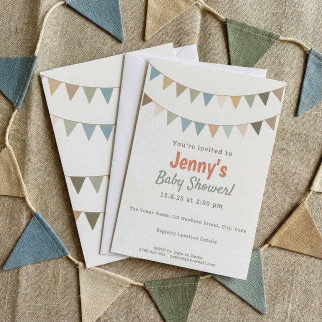 Rust Terracotta och Sage Grönt Bunting Baby Shower Inbjudningar (Rust Terracotta and Sage Green Bunting Baby Shower Invitation.)