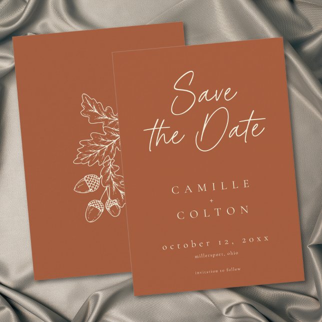Rust Terrakotta Löv Ekollon Höst Minimalistisk Brö Spara Datumet (Rust Terracotta Leaf Acorn Fall Minimalist Wedding Save The Date)