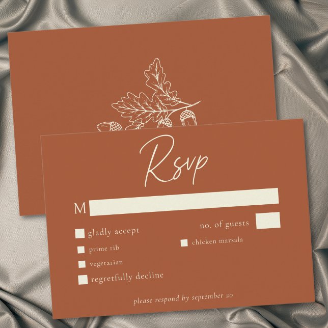 Rust Terrakotta Minimalistisk Löv Ekollon Hökt Brö OSA Kort (Rust Terracotta Minimalist Leaf Acorn Fall Wedding RSVP Card)