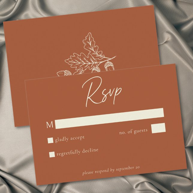 Rust Terrakotta Minimalistisk Löv Ekollon Hökt Brö OSA Kort (Rust Terracotta Minimalist Leaf Acorn Fall Wedding RSVP Card)
