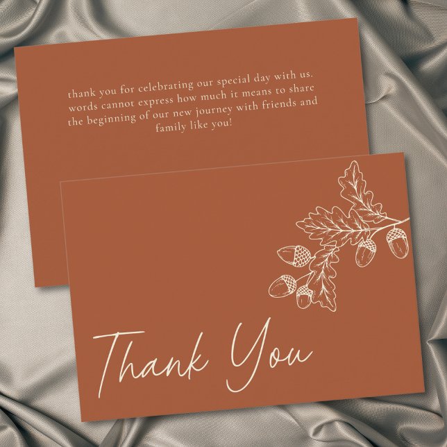 Rust Terrakotta Minimalistisk Löv Ekollon Höktrakt Tack Kort (Rust Terracotta Minimalist Leaf Acorn Fall Wedding Thank You Card)