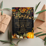 Rustblommor, rustik chic 40 fantastiska år inbjudningar<br><div class="desc">Vacker rostig orange och mörk burgundisk höst faller blommor och pumpar gräns med golden twinkle ljus under en mörk bruna lingerbakgrund som skapar en charmerande elegant 40 år födelsedagsfest inbjudan med ett trendig handskrivet guld typografiskt manus. Enkel att anpassa med dina uppgifter! Lämplig för traditionell rustik | LAND | Jordbruksföretag...</div>