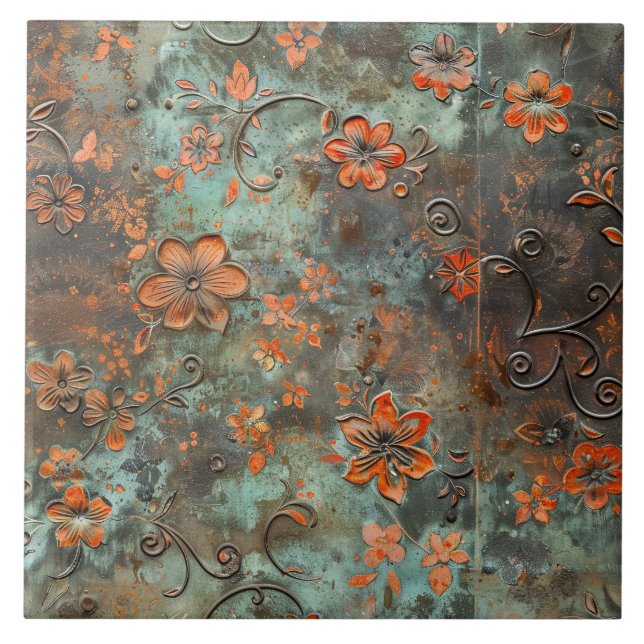 Rusted Metal Antique Floral  Kakelplatta (Framsidan)