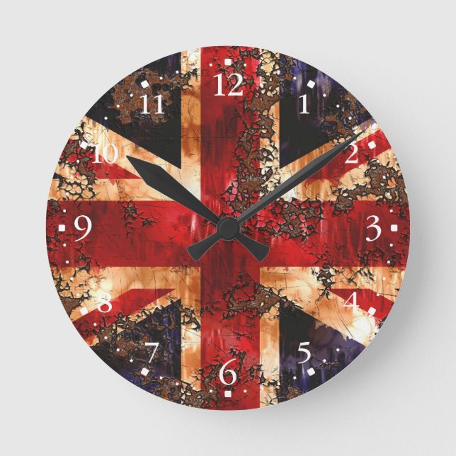 Rusted Patriotic United Kingdom Flagga Rund Klocka (Framsida)