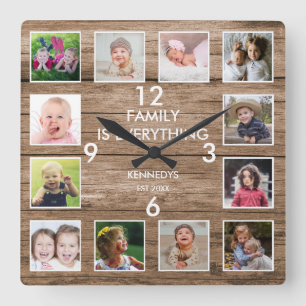 Rustic 12 Photo Collage Family Quote ReclaimWood Fyrkantig Klocka