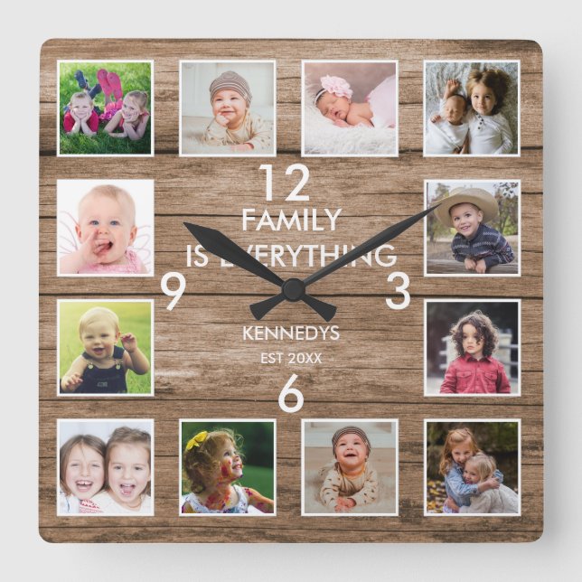 Rustic 12 Photo Collage Family Quote ReclaimWood Fyrkantig Klocka (Framsida)