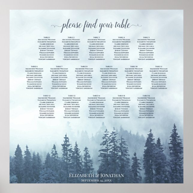 Rustic 16 Bord Blue Forest Bröllop Seating Chart Poster (Framsidan)