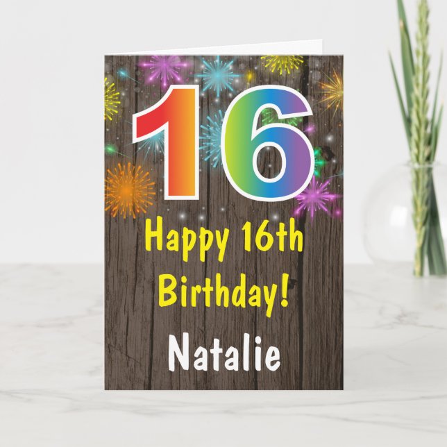 Rustic 16:e födelsedag Färgfullt regnbåge Firework Kort (Framsida)