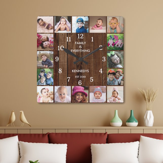 Rustic 16 Photo Collage Family Quote Pallet Wood  Fyrkantig Klocka (Skapare uppladdad)