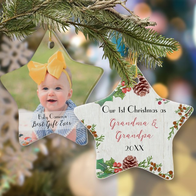 Rustic 1st Christmas Custom Photo New Grandparents Julgransprydnad Keramik (Skapare uppladdad)