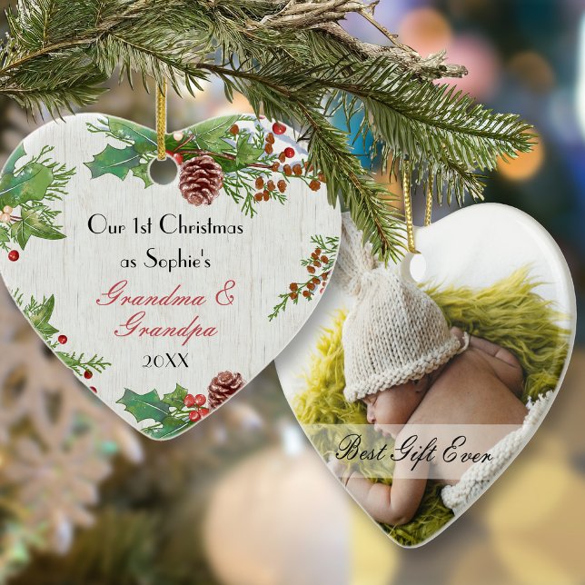 Rustic 1st Christmas New Grandparents Photo  Julgransprydnad Keramik (Skapare uppladdad)