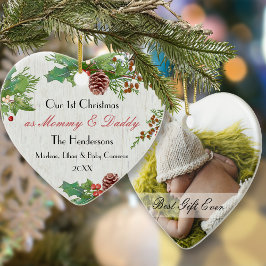 Rustic 1st Christmas New Mom & Dady Custom Photo  Julgransprydnad Keramik