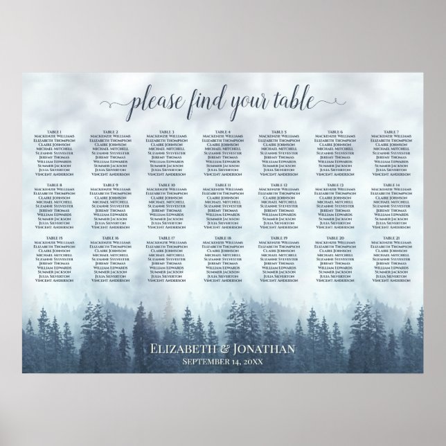 Rustic 21 Bord Blå Tallar Bröllopsplatskarta Poster (Framsidan)