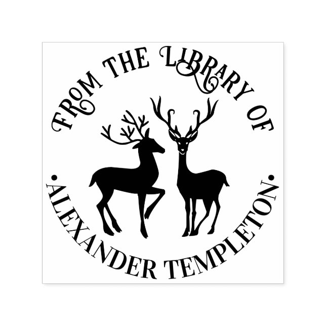 Rustic 2 Hjortar Runt “Från biblioteket” Boknamn Självfärgande Stämpel (Design)