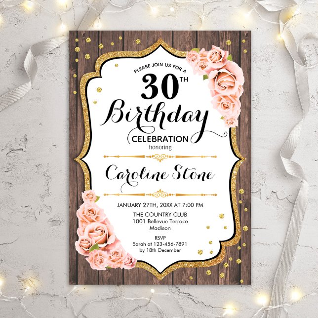 Rustic 30års födelsedag - Wood  Rosa ros Inbjudningar (Skapare uppladdad)