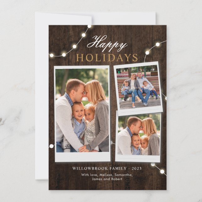 Rustic 3 Family Photos och Fairy Ljus jul Julkort (Framsida)