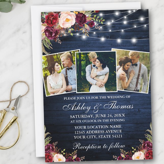 Rustic 3 Photo Burgundy Blommigt Ljus Wood Bröllop Inbjudningar (Customize to add more text or more photos to back of card.)