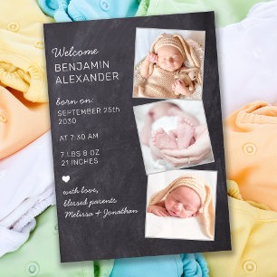 Rustic 3 Photo Nyfödd bebis Chalkboard Birth Meddelande