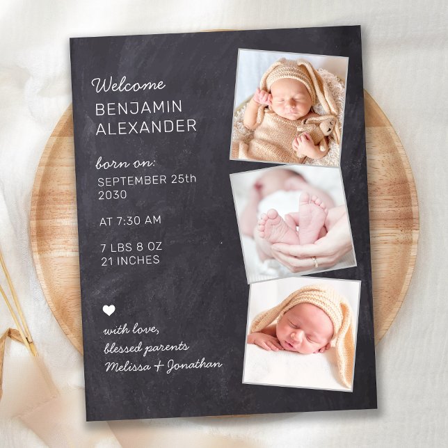 Rustic 3 Photo Nyfödd bebis Chalkboard Birth Meddelande Vykort (Skapare uppladdad)