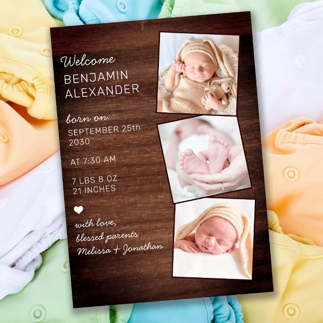 Rustic 3 Photo Nyfödd bebis Land Wood Birth Meddelande (Skapare uppladdad)