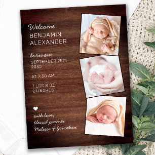 Rustic 3 Photo Nyfödd bebis Land Wood Birth Meddelande Vykort