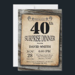 Rustic 40th Surprise Birthday Dinner Vintage Wood Inbjudningar<br><div class="desc">Rustic 40th Surprise Birthday Dinner Invitation with Rustic Wood Background. Vintage Retro Country. Adult Birthday. Male Men or Women Birthday. Kids Boy or Girl Lady Teen Teenage Bday Invite. 13th 15th 16th 18th 20th 21st 30th 40th 50th 60th 70th 80th 90th 100th. Any Age. For further customization, please click the...</div>