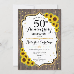 Rustic 50-årsjubileum - Solrosor Trä Guld Inbjudningar