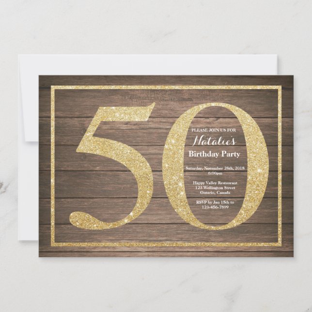 Rustic 50:e födelsedagsinbjudan Guld Glitter Inbjudningar (Framsida)