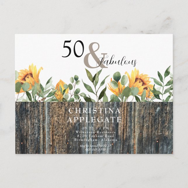 Rustic 50 & Fantastisk Solros Födelsedag  Vykort (Framsida)