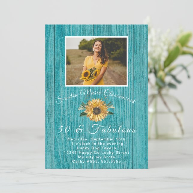 Rustic 50 och Fabulous | Solros Teal Birthday I Inbjudningar (Stående Fram)