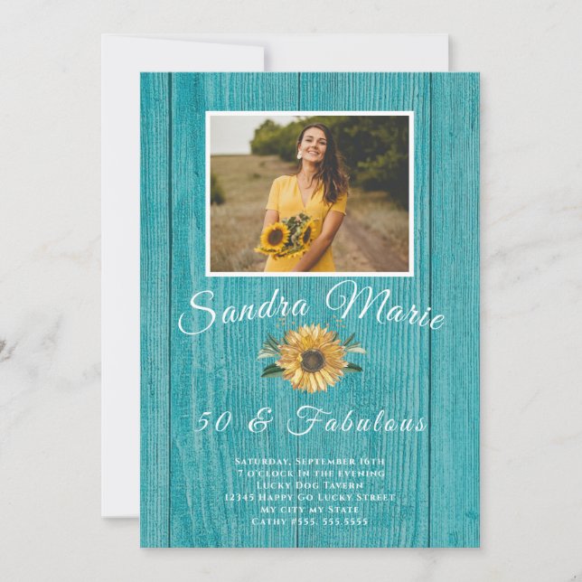 Rustic 50 och Fabulous | Solros Teal Birthday Inbjudningar (Framsida)