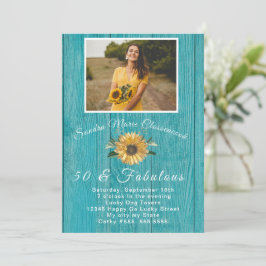 Rustic 50 och Fabulous | Solros Teal Birthday Inbjudningar