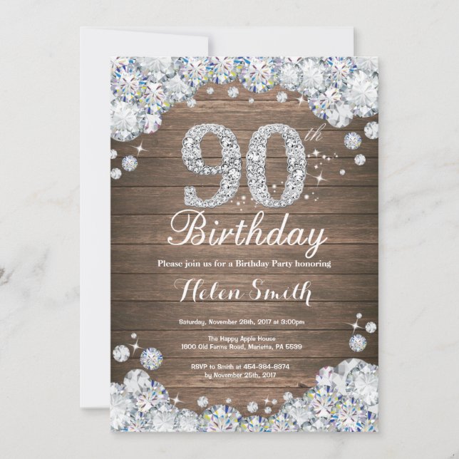 Rustic 90:e Birthday Silver Diamond Inbjudningar (Framsida)