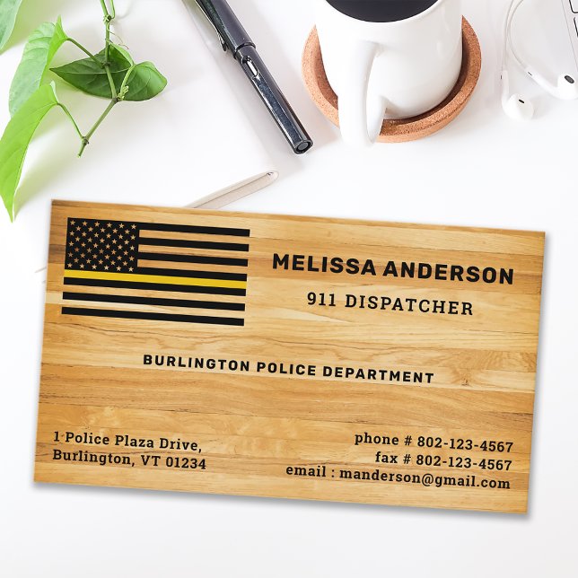Rustic 911 Dispatcher Thin Guld Line Flagga Wood Visitkort (Skapare uppladdad)