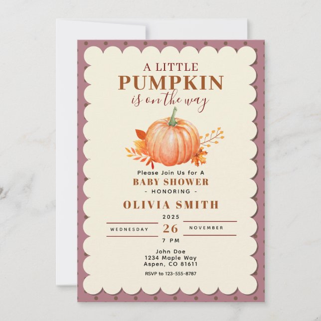 Rustic a Little Pumpkin Fall Baby Shower Lila Inbjudningar (Framsida)