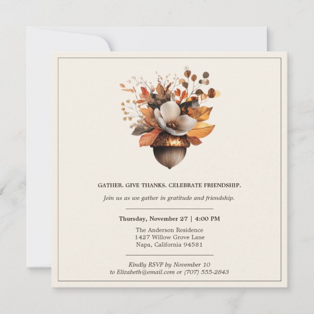 Rustic Acorn Floral | Elfenbensvit Thanksgiving-mi Inbjudningar (Framsida)