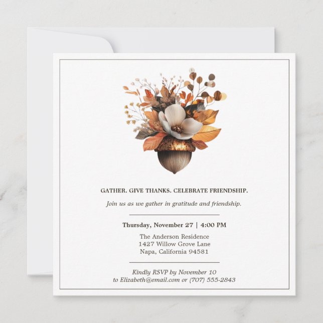 Rustic Acorn Floral | Thanksgiving Dinner Party Inbjudningar (Framsida)