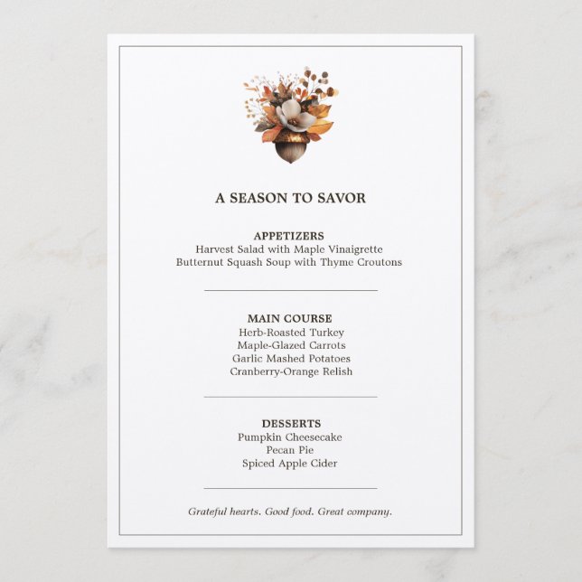 Rustic Acorn Floral White Thanksgiving Dinner Menu Meny (Framsida)