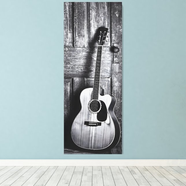 Rustic Acoustic Guitar in Black & White Canvastryck (Insitu (trägolv))