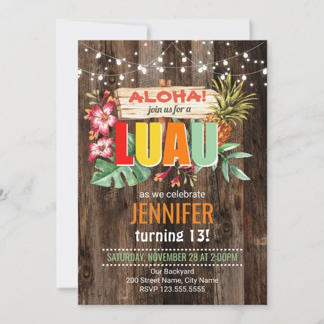 Rustic Aloha Luau födelsedagsfest inbjudan (Framsida)