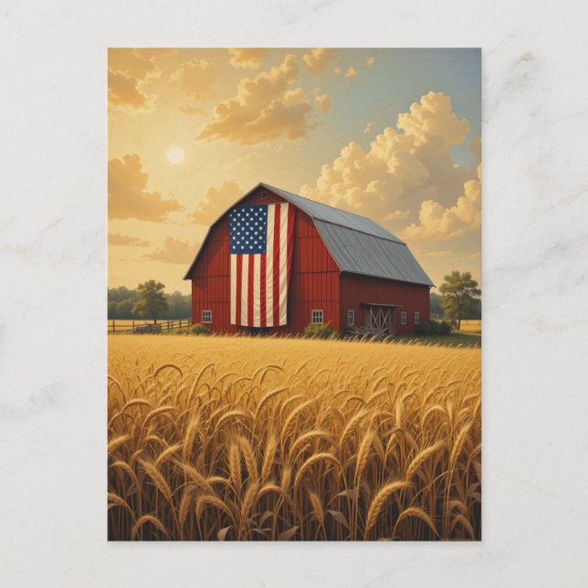 Rustic American Barn in Wheat Fält vid Sunset Vykort (Framsida)