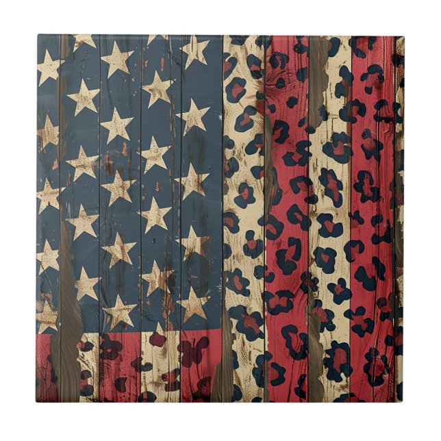 Rustic American Flag Leopard Print (1) Kakelplatta (Framsidan)