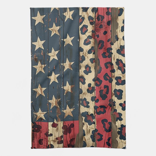 Rustic American Flag Leopard Print (1) Kökshandduk (Vertikal)