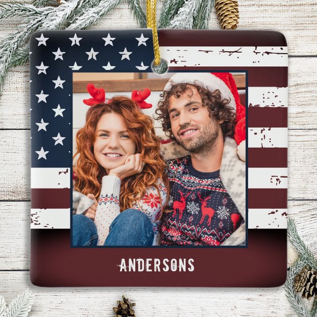 Rustic American Flagga Anpassningsbar 2 Photo Patr Julgransprydnad Keramik (Skapare uppladdad)