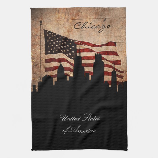 Rustic American Flagga Chicago Skyline Kökshandduk (Vertikal)