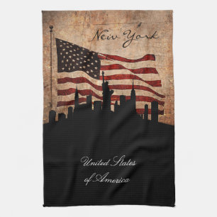 Rustic American Flagga New York Skyline Kökshandduk